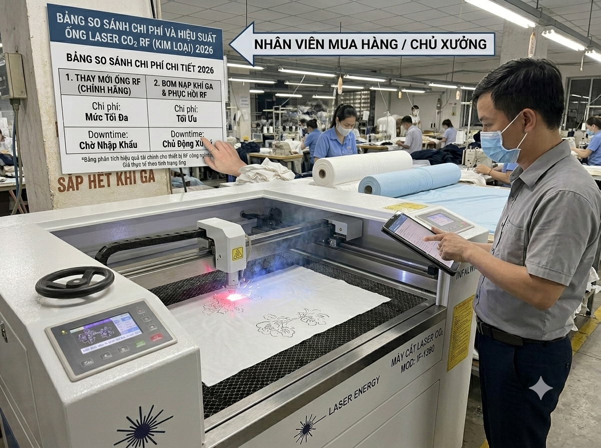 Sửa Hay Thay Mới Ống Laser CO2 RF (Kim Loại) Cho Xưởng May? Bảng So Sánh Chi Phí Chi Tiết 2026