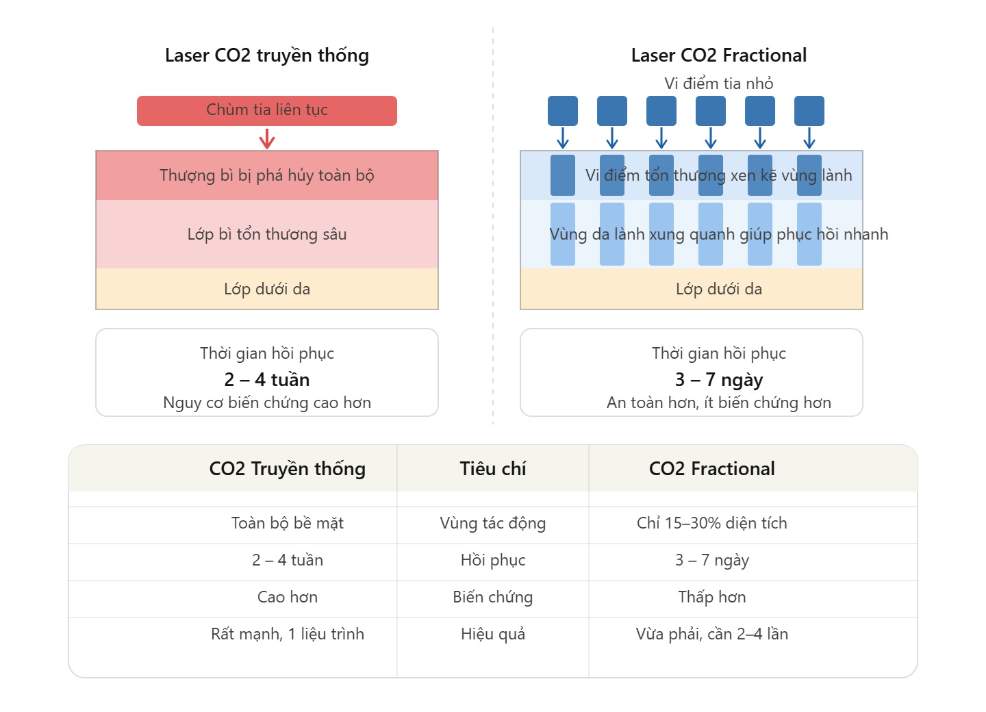 So sánh Laser CO2 Fractional vs Laser CO2 Truyền thống